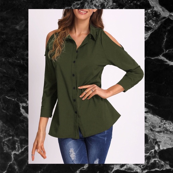 Tops - ARMY GREEN OPEN SHOULDER COLLARED SHIRT SZ S